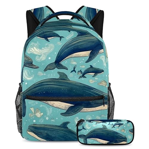 Sac à dos baleine avec trousse ensemble scolaire multicolore pour élèves