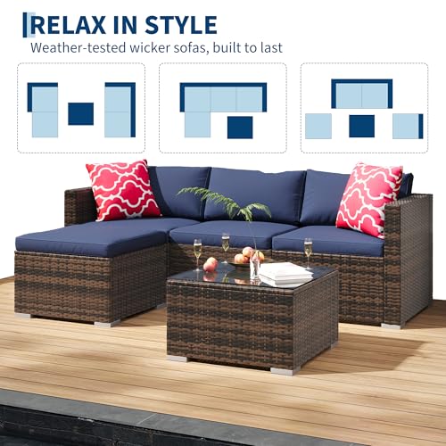 Image of GAOMON 5-Piece All-Weather Patio Furniture Set, Convertible Outdoor Sectional Sofa with Ottoman & Tempered Glass Table, PE Rattan Conversation Set for Garden, Backyard, Porch, Poolside