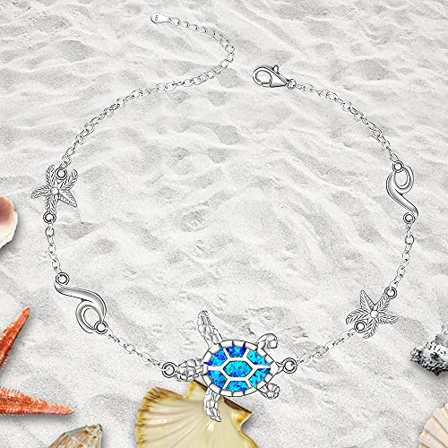 Image of Sea Turtle Ankle Bracelets for Women Blue Opal Sterling Silver Beach Starfish Octopus Conch Ocean Anklets Jewelry Gifts