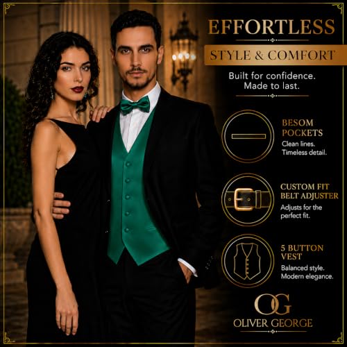 Image of Oliver George 4pc Men's Solid Formal Suit Waistcoat Tuxedo Dress Vest Necktie Bowtie Handkerchief Set for Suit or Tuxedo