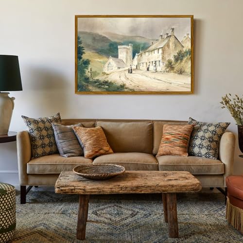crmotu Vintage Framed Wall Art, Country Landscape Canvas Prints, Retro Old Architecture Aesthetic Pictures, Scenery Wall Paintings for Living Room Bedroom Bathroom, Rustic Farmhouse Decor 20x30in