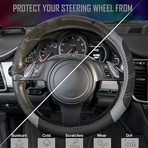 Car Pass Line Rider Microfiber Leather Sporty Steering Wheel Cover Universal Fits For 95% Truck,Suv,Cars,14.5-15Inch Anti-Slip Safety Comfortable Desgin (Black-Gray) #TOP3