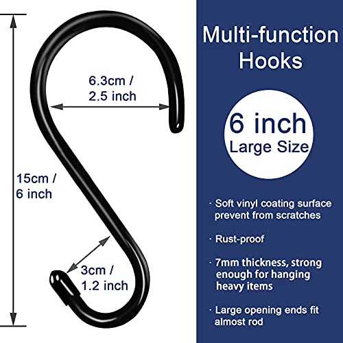 16 Pack 6 Inch S Hook, Large Vinyl Coated S Hooks Heavy Duty, Steel Metal Black Rubber Coated S Shaped Hooks, Non Slip Closet Hooks For Hanging Clothes,Plants,Jeans,Pans,Pots,Towel,Jeans,Bags,Cups #TOP1