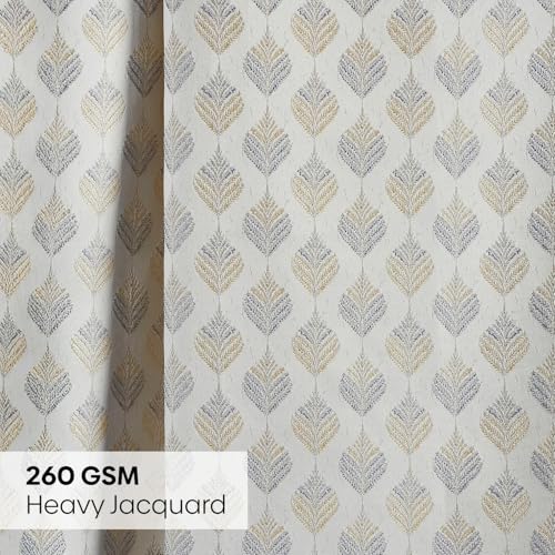 Image of haus & kinder Jacquard Door Curtains 7 Feet Long Pack of 2 Door Curtains, 7 Feet Curtains for Door (Silver Leaf, Grey Floral Nature Design 130x213 CM)