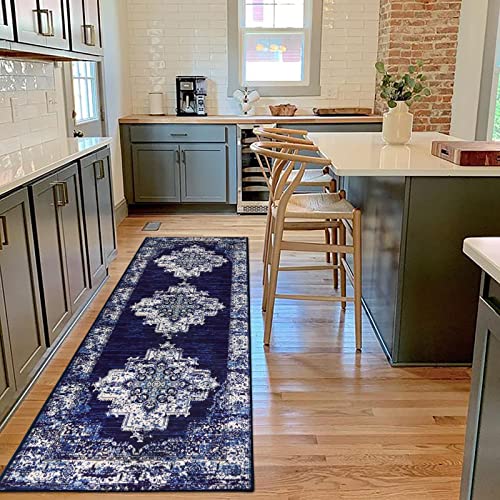 Lanffia Persian Traditional Runner Rug 2X6, Navy Blue Washable Hallway Rug Laundry Mat,Non-Slip Non-Shedding Distressed Medallion Low-Pile Carpet Runner For Entryway Kitchen Bedroom Bathroom #TOP4