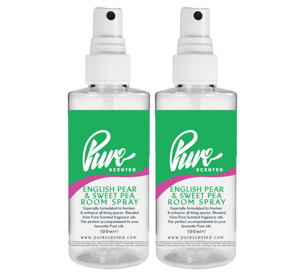 "Pure Scented 200ml Room & Fabric Sprays 2 x 100ml Suitable For Home, Car, Caravan, Work, Gym Bags, Odour Eliminators (2 x 100ml, Pear & Sweet Pea)"