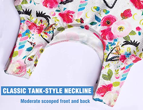 TENVDA Gymnastics Leotards for Girls 9-10 Years Old Sparkly Unicorn Flower Print Sparkly Sleeveless Tumbling Biketard