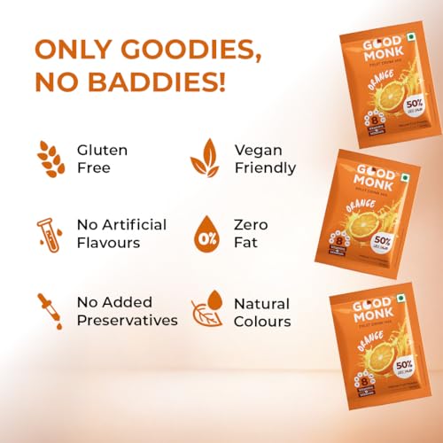 Image of Good Monk Fruit Drink Mix (Natural Orange Powder), 50% Less Sugar with 8 Vitamins & Minerals (Vitamin B12, C, D, Iron & more) | Tasty, Healthy & Tangy Drink Mix for Hydration, Energy, Immunity, 24 Sachets