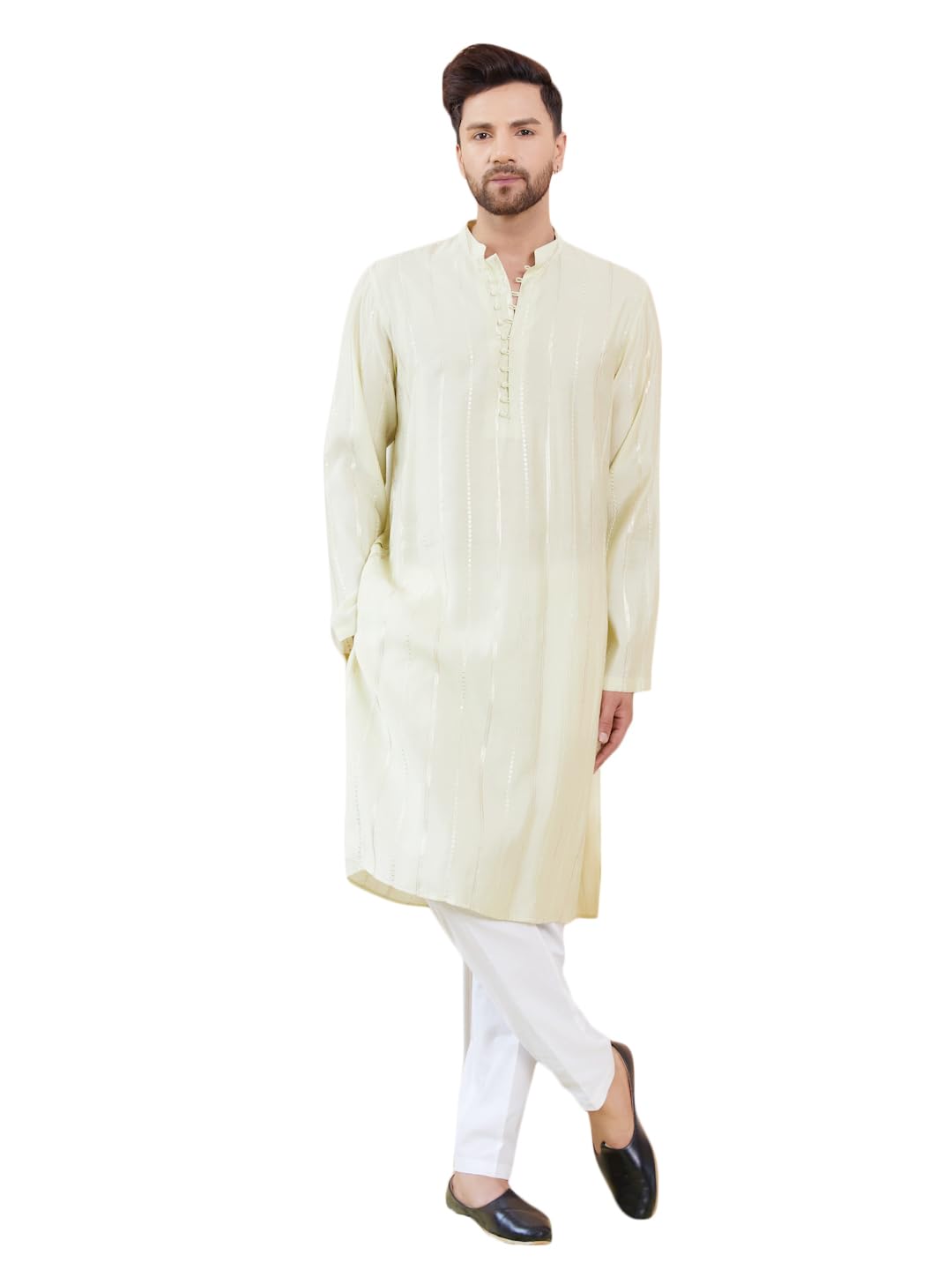 See Designs Men Full Sleeve Side Slit Cream And Gold Chanderi Silk Sequins Mandarin Collar Kurta - Sd2Kt_2431M