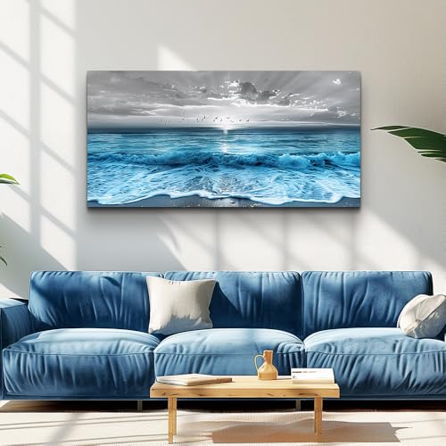 ERQINHUA Large Canvas Printed Artworks Mural Wall Decor For Living Room Wall Art For Bedroom Office Restaurant Decoration Blue Sea Wave Ocean Paintings Beach Wall Pictures Modern Home Decor 30"X60"
