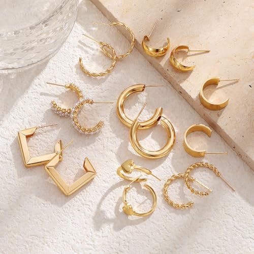 16-24 Pairs Gold Silver Black Earring Set for Women, Chunky Earring Multipack Punk Trendy Big Small Stud Hoop Earring Lightweight Twisted Pearl Ear Pack For Daily Birthday Party Gift4