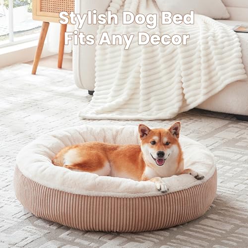 Image of 33 inches Donut Dog Bed for Medium Large Dogs,Calming Round Pet Bed with Removable & Washable Cover,Plush Faux Fur & Corduroy, Fits up to 50 lbs Pets(Brown,M Plus)