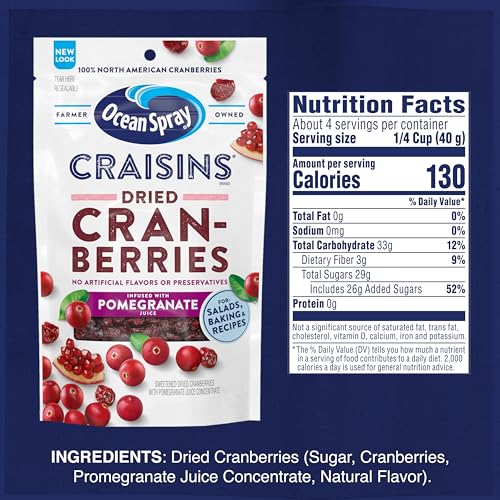 Image of Ocean Spray Craisins Pomegranate, Dried Cranberries Infused with Pomegranate Juice, Dried Fruit, 6 Oz Pouch (Pack of 1)
