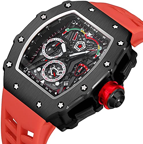 FANMIS Men's Luxury Tonneau Square Punk Chronograph Unique Sports Analog Watch Japanese Movement Luminous Design with Rubber Band (Black , Red)