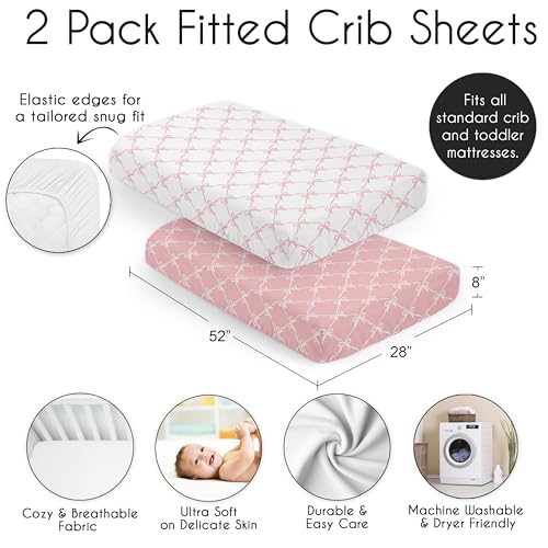 Image of Sweet Jojo Designs 2-Piece Baby Crib Sheets Set (Pink and White Bows) for Girls, Infant Nursery, Toddler Room - Fitted, Standard Size (Blush Bow for Shabby Chic, Ballet, Ballerina Princess Collection)