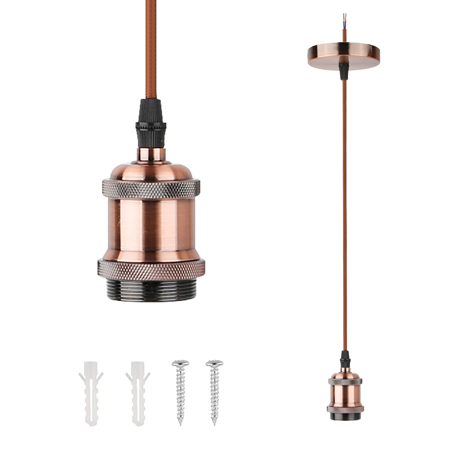 JZ CTG Pendant Lights, Vintage Red Copper Pendant Light Fitting with E27 Lamp Holder and 1.1M Braided Flex Cable, Elegant Light Pendant Fitting for Home Decor