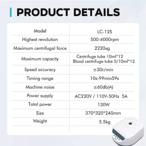 Labfish Prp Lab Benchtop Centrifuge Machine Capacity 12X 5/10Ml Centrifuge Tubes,Low Speed Control 500-4000R/Min,Max 2220Xg Rcf,Timer Range 10S-99Ming For Medical Practice Blood/Serum/Plasma/Fat,110V #TOP5