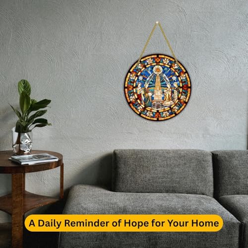 Image of Printality Stained Glass Style Christian Wall Hanging | Round MDF Plaque with Glossy Finish & Golden Zardosi String | Religious Wall Art | Jesus, Mary & Angels Design | Faith Home Decor (Design 4)