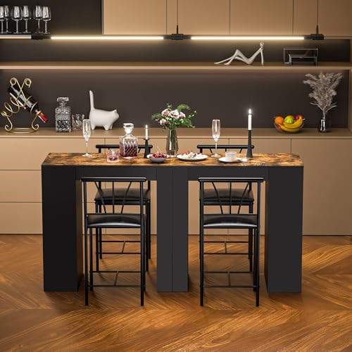 VECELO Bartisch mit Barhocker Set, Stehtisch mit 2 PU-gepolsterten Stühlen und 3 Seitenregalen, Küchentisch im Industrie-Stil für Esszimmer, Küche oder Wohnzimmer, Vintagebraun