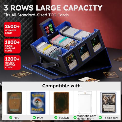 Image of Trading Card Storage Box, 2600+ MTG Deck Box with Magnetic Lid | Handle design with Commander and Toploader displays, dice box, dividers and labels for TCG, MTG, Yu-Gi-Oh! and sports cards