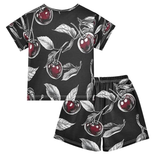 senya Short Sleeve Pajamas Sets Summer Cotton Sleepwear Red Cherry Black Background2