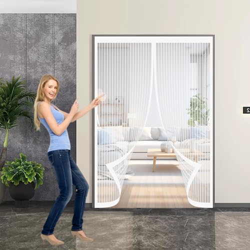 Mosquitera Imantada 153 x 250 cm Cierre Automático, sin Taladrar, Antimosquitos, Fácil Instalación, Mosquiteras para Puerta para Puerta de Balcón, de Patio, Blanco