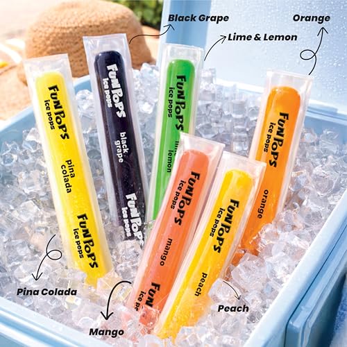 Image of FunPops Ice Pops | Ready-to-Freeze Fruit-Flavoured Ice Pops | 6 Flavours: Orange, Lime & Lemon, Pina Colada, Black Grape, Mango, Peach | Freeze - Cut - Enjoy | Pack of 12