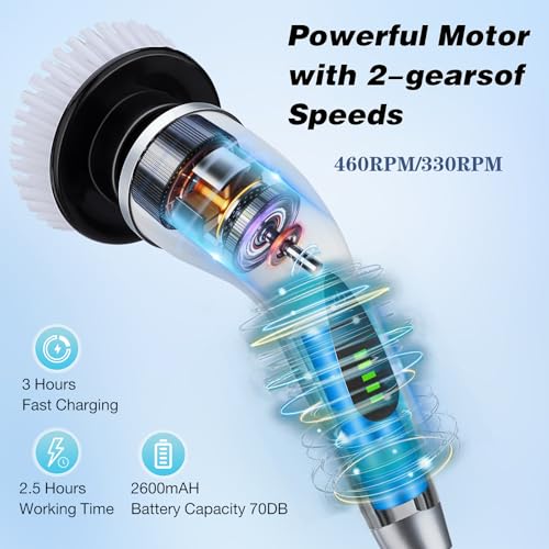 Image of Electric Spin Scrubber,Cleaning Brush with 9 Replaceable Brush Heads and 1 Rubber Squeegee Broom,3 Adjustable Size, 2 Speeds for Bathroom Shower Bathtub Glass Car