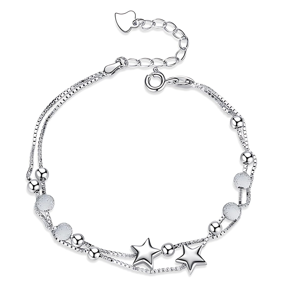 LEEQ2 en 1 Pulsera Mujer - Elegante Pulsera con Pequeñas Estrellas y Perlas, de plata de ley 925, Eslabones Amistad Ajustable Charm Pulseras Capas Regalo Aniversario, Pulseras de regalo