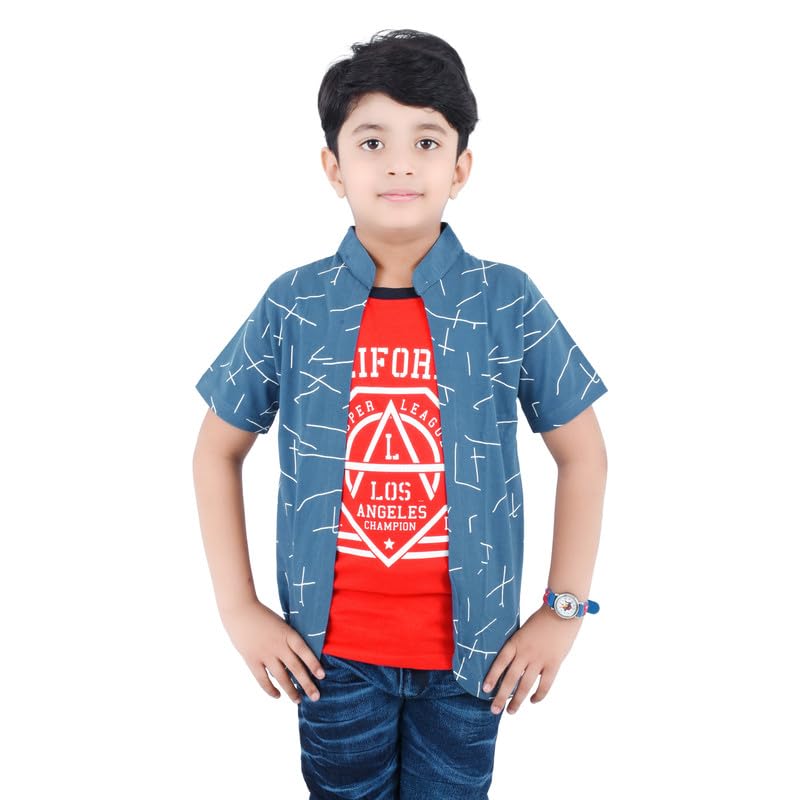 Image of Jam & Sugar Boys Cotton Printed T-Shirt with Attached Shrug Jacket - Half Sleeves