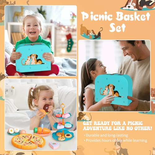 Image of Kids Picnic Basket, Toy Food for Toddlers 1-3, Play Food Sets for Kids Kitchen Role Playset with Carry Case Fake Food Fruit Play Kitchen Accessories, Birthday for Toddler Girls Boys