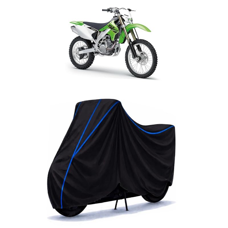 Image of KLX450R Bike Cover Water Resistant Universal Motorcycle Rain | Heavy Duty UV Protection, Dust, Scratch Indoor Outdoor All Weather with Black Blue Piping Elastic