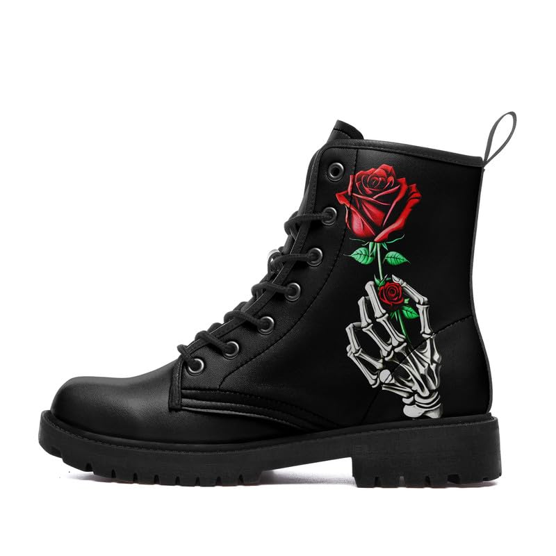 Gothic Skull Combat Boots Punk Rock Fashion Lace Up Ankle Booties for Men and Women Lightweight Leather Comfortable Shoes