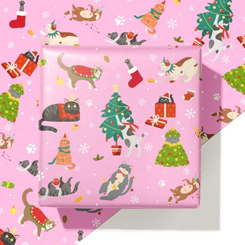 ZINTBIAL Cat Christmas Wrapping Paper - Pink Xmas Gift Wrap with Festive Cats, Holiday Trees and Snowflakes Design - Perfect for Cat Lovers, Kids & Adults Gift Wrapping - 40×28 Inches, 4 Folded Sheets
