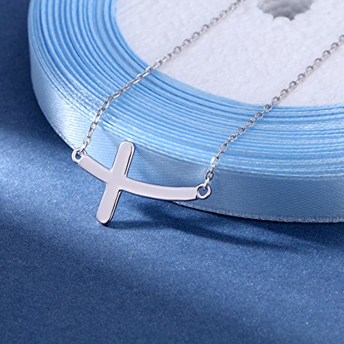 Image of Ladytree 925 Sterling Silver Concise Sideways Cross Pendant Necklace Choker for Women Christian Jewelry