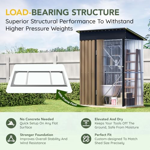 Image of 5x3FT Outdoor Steel Storage Shed with Floor Frame, Lockable Doors, Compact Metal Tool Shed for Garden, Backyard, Patio, Utility, and Bike Storage,Brown