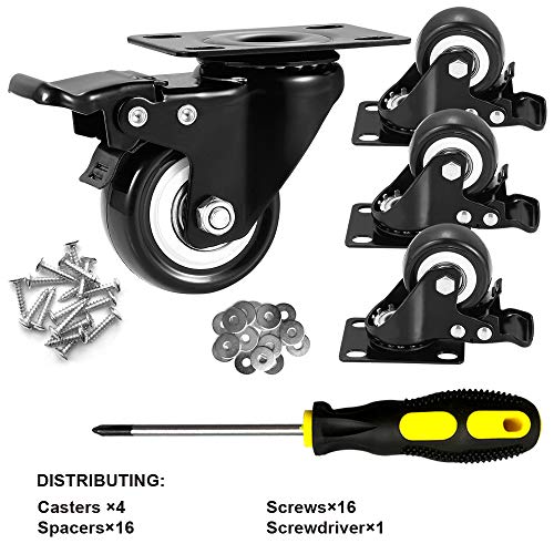 Image of 2 inch Caster Wheels Set of 4, Heavy Duty Casters with Brake, No Noise Locking Polyurethane (PU) Wheels, Swivel Plate Castors Pack 4