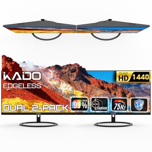 Kado Dual Monitor Setup - 2-Pack 27-inch 2560x1440 Quad HD Computer Monitor 75Hz VESA Mount Edgeless HDMI Office Gaming Hybrid Built-in Speakers