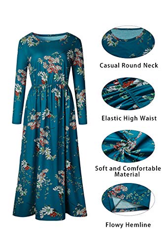ZESICA Women's Floral Print Long Sleeve Pockets Empire Waist Pleated Long Maxi Dress Teal Large