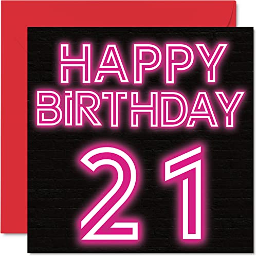 Divertidas tarjetas de cumpleaños número 21 para hombres y mujeres – Neon Glow – Tarjeta de feliz cumpleaños para hijo, hija, hermano, hermana, 145 mmx145 mm, tarjeta de felicitación de 21 cumpleaños