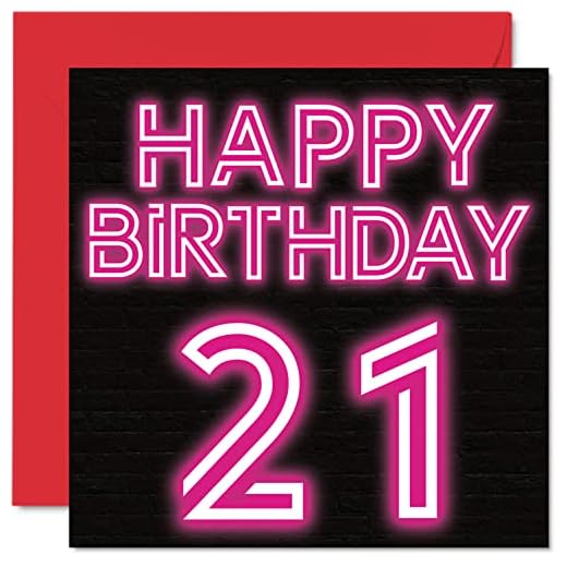 Divertidas tarjetas de cumpleaños número 21 para hombres y mujeres – Neon Glow – Tarjeta de feliz cumpleaños para hijo, hija, hermano, hermana, 145 mmx145 mm, tarjeta de felicitación de 21 cumpleaños