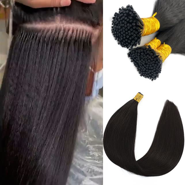 24 Inch I Tip Hair Extensions Human Hair for Black Women Pre Bonded Micronlinks Hair Extensions Invisible Stick I Tip Bundles Real Human Hair 50g/50s Cold Fusion Yaki Straight I Tip Hair Extensions
