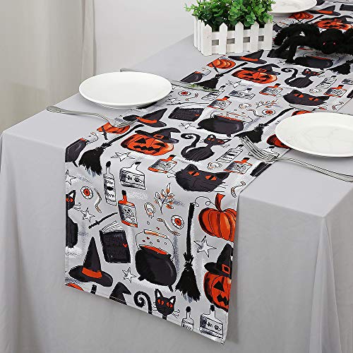 SoarDream Halloween Decoration Printed Table Runner 2 Pack 13x84 Inches Pumpkins Table Runner with Cat and Jack O\' Lantern Waterproof Table Runner