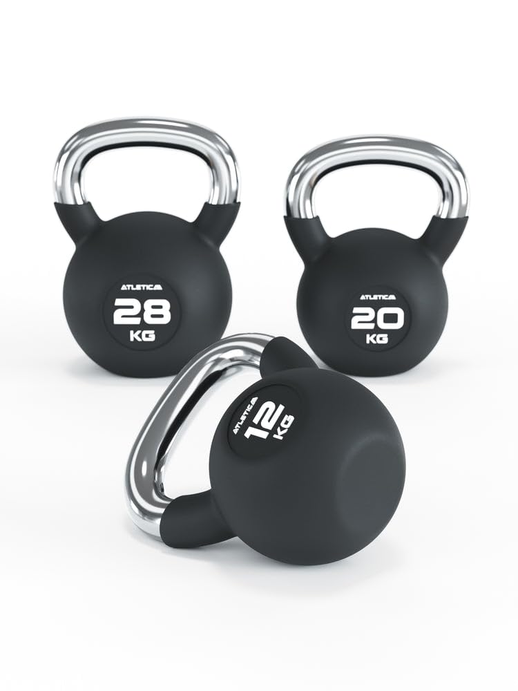 ATLETICA Kettlebell Set | Compete | 12, 20, 28 kg | gumowane hantle kulkowe z chromowanym uchwytem | wysokiej jakości stop stali | jakość studyjna | trening funkcjonalny całego ciała