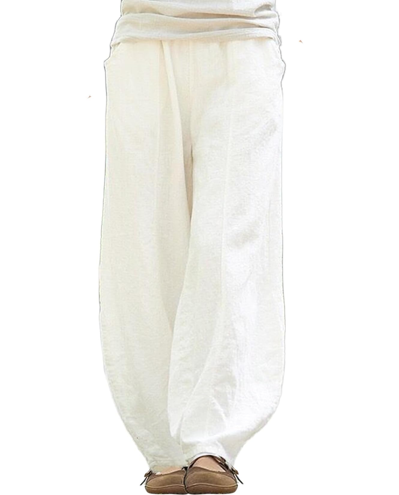 LIZALIG 2025 New Women's Summer Cotton Linen Palazzo Pants - Loose Casual Elastic Waist Breathable Comfort - with Pockets White Large