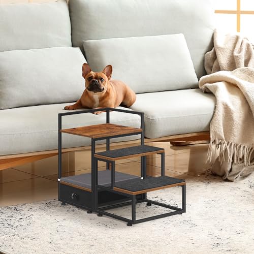 Dog Perch to Look Out Window, 19.6" H Pet Bunk Bed with Storage, Steps Dog Stairs for Beds for Small Dogs and Cats, Pet Window Seat with Soft Cushion, Brown