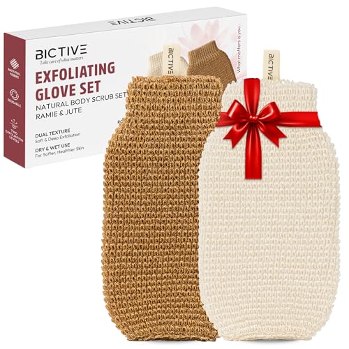 BICTIVE® Kit de 2 Guantes Exfoliantes Corporales de Fibras Naturales. Para Eliminar Piel Muerta y Tener Piel Suave y Luminosa. Manopla Exfoliante, Guantes de Crin para la Ducha. Suave e Intenso