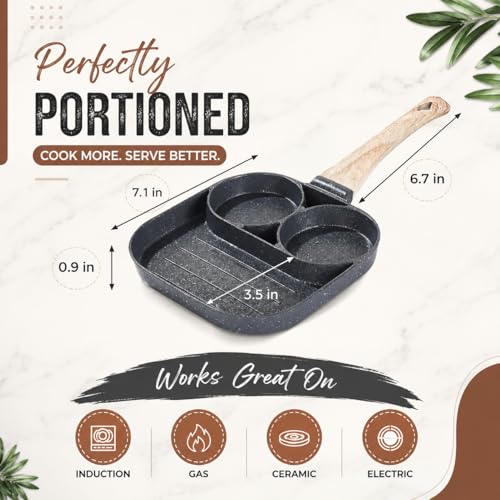 Image of 3 in 1 Egg Pan Non Stick, Omelette Pan Non Stick with 3 Sections, Square Frying Skillet for Egg Frying, Pancake Maker, Sandwich Maker, Ceramic Breakfast Cookware for Gas & Induction