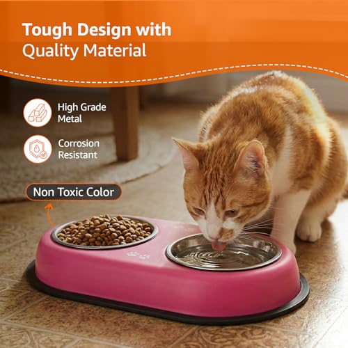 Image of Amazon Basics Stainless Steel Pet Feeding Bowls with Plastic Tray| Anti Slip Base | 230 ml Each