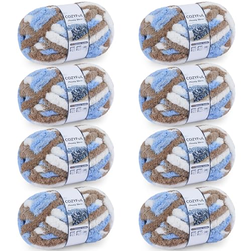 Image of Cozyful Chunky Yarn for Hand Knitting - #10 Chunky Chenille Blanket Yarn, Jumbo Big Thick Chunky Yarns for Crocheting, Tie Dye Bulky Knit Yarns, 8 Skein (20 yds 8 oz Each Skein), Khaki & Blue & White